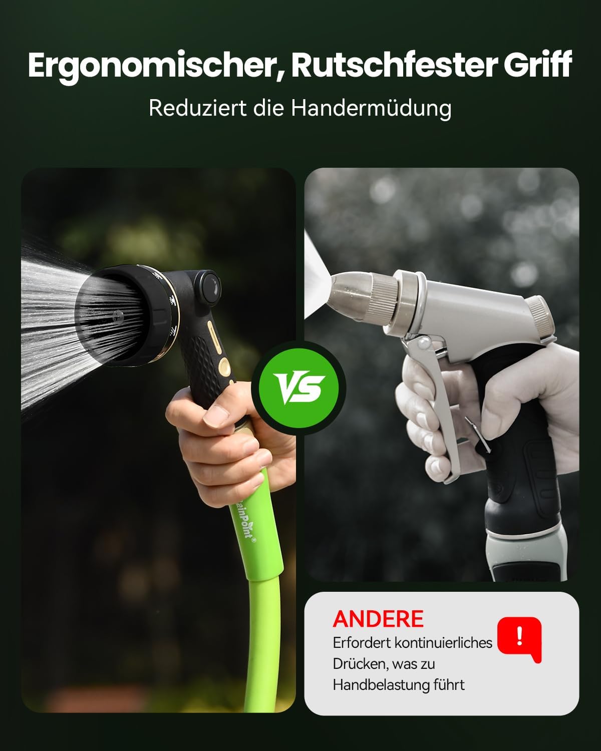 Detalle 2 de RAINPOINT Gartenbrause aus Metall mit 10 Bewässerungsmustern – handliche Handbrause für Garten, Autowaschen & mehr