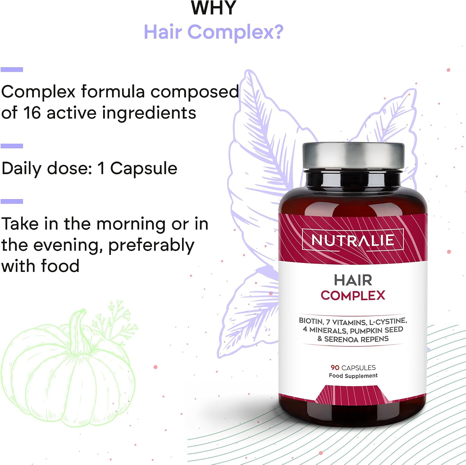 Detalle de NUTRALIE Hair Complex Supplement with Biotin and Zinc, 90 Vegetarian Capsules