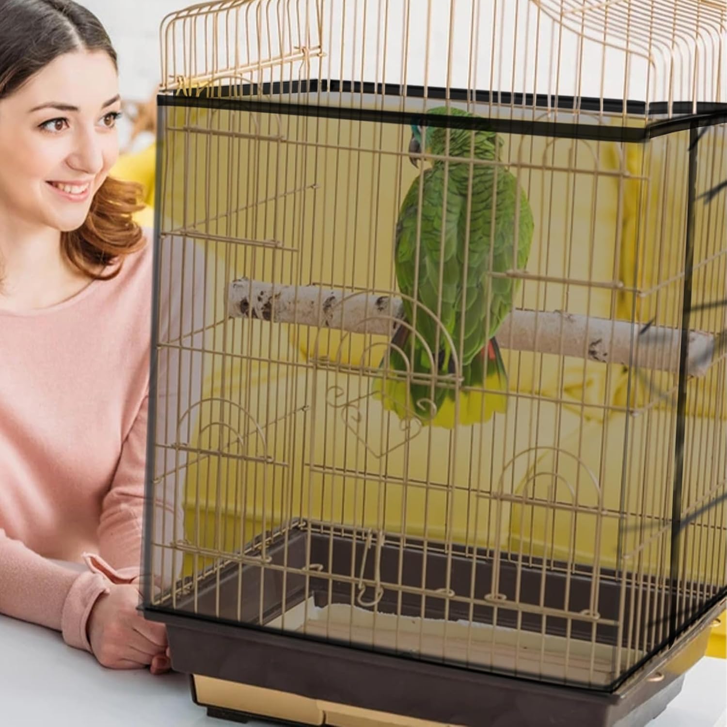 Detalle de Mngren Vogelkäfig Abdeckung Groß – Netz aus Nylon, Kordelzug und Samenfänger