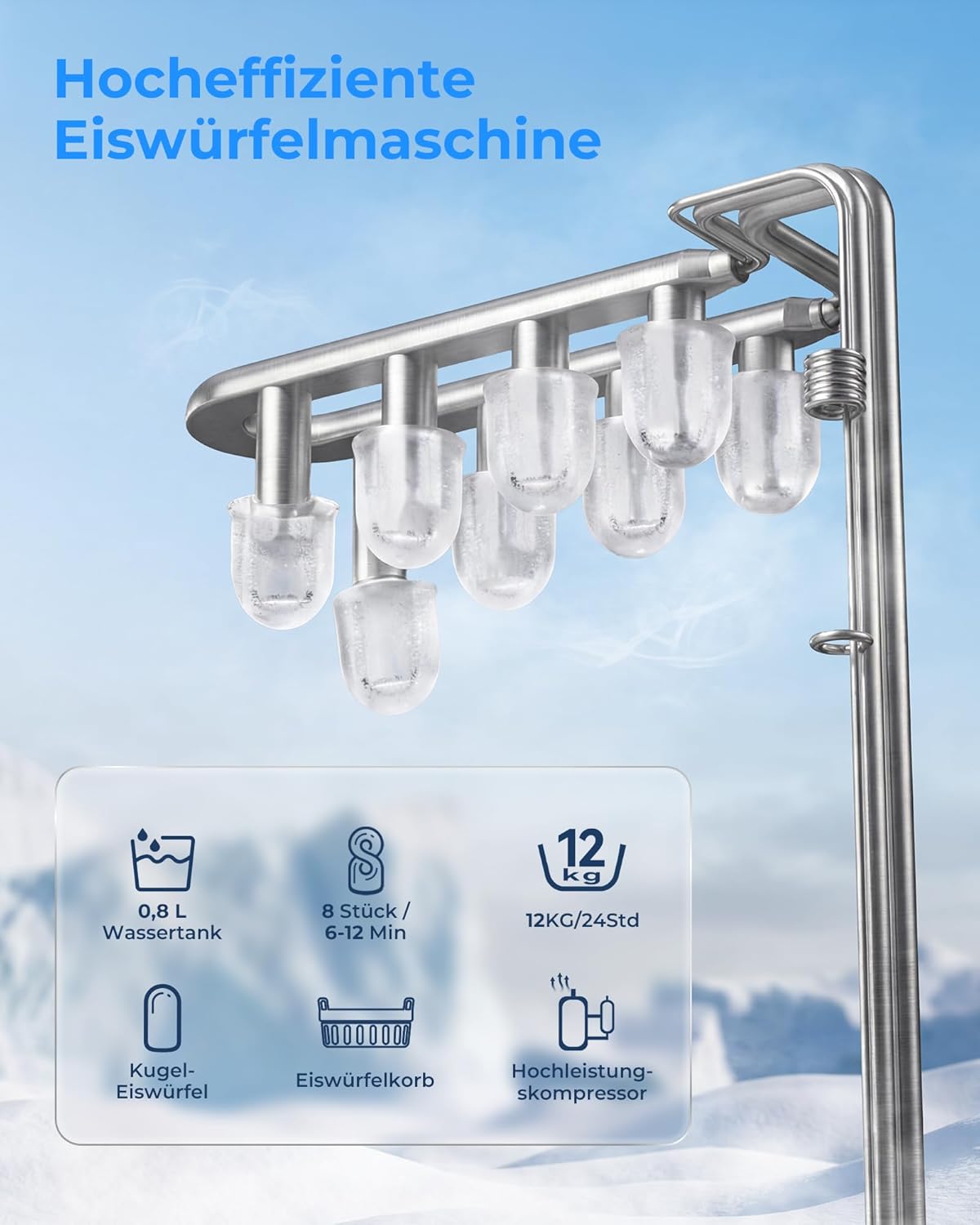 Thumbnail 2 de WELLENT Eiswürfelmaschine Klein – Ice Maker mit Selbstreinigung & 2 Größen (8 Würfel in 6 Min)