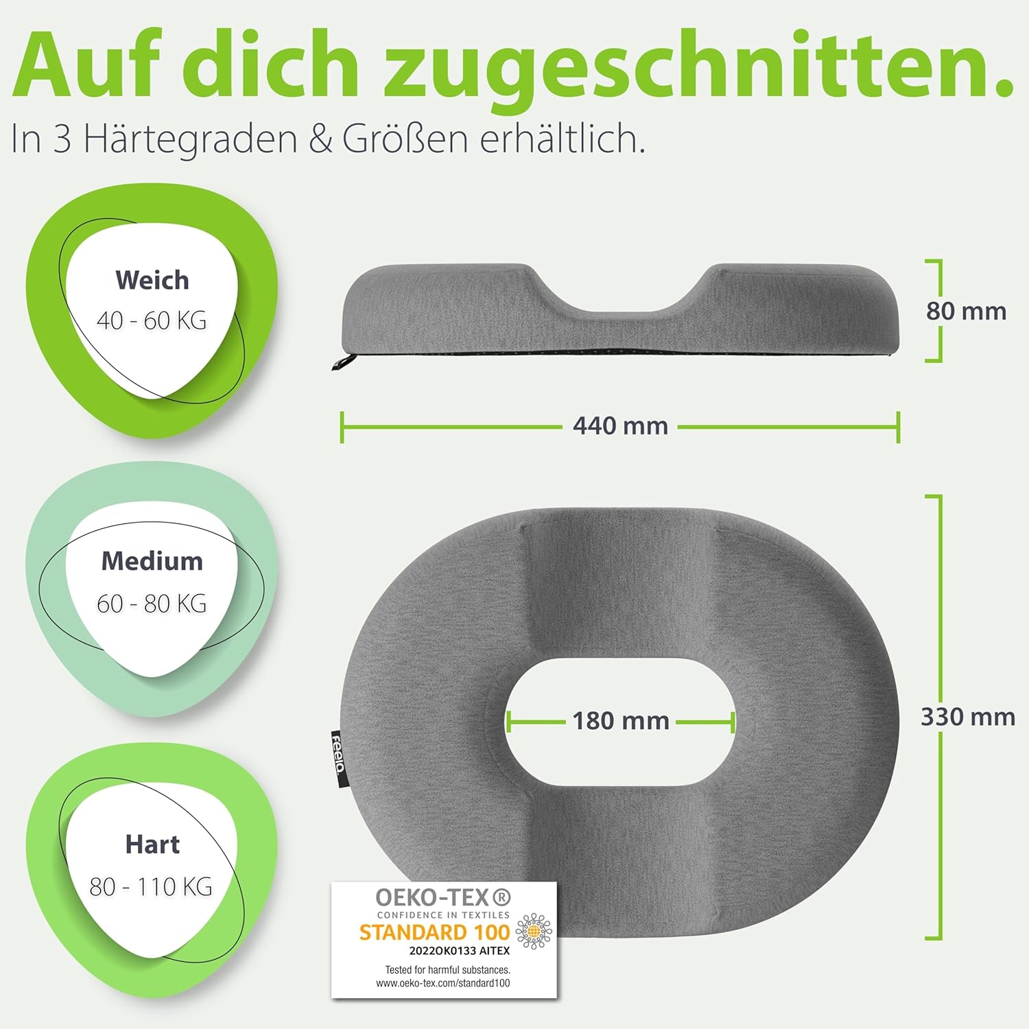 Detalle 2 de feela.® Orthopädischer Sitzring mit Loch, 3 Härtegrade – Kühlgel-Memory-Schaum für Hämorrhoiden & Entlastung