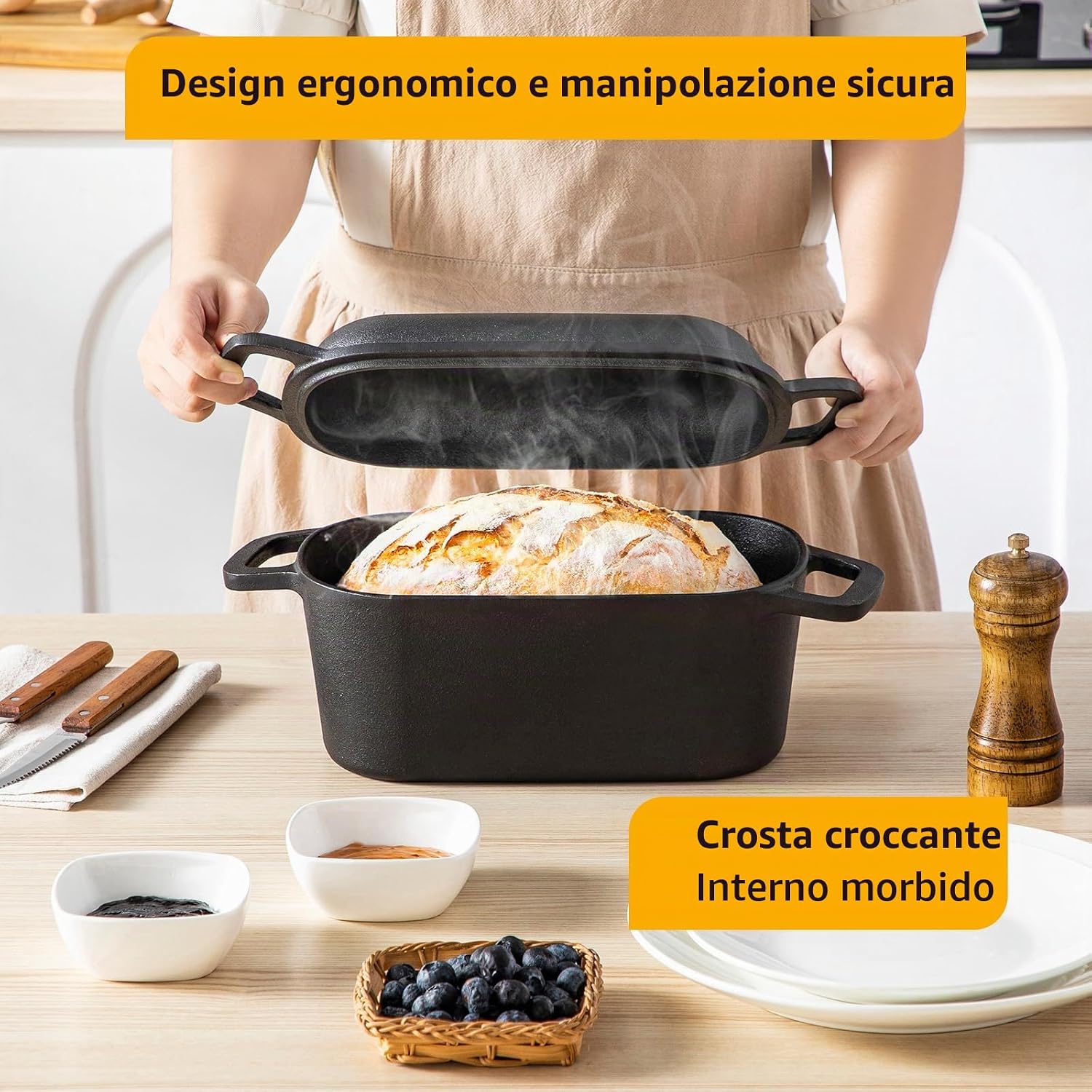 Thumbnail 5 de Velaze Pentola in Ghisa per Pane 3.4L – Casseruola Rettangolare 27x15 cm con Coperchio e Smalto Cremona, Induzione