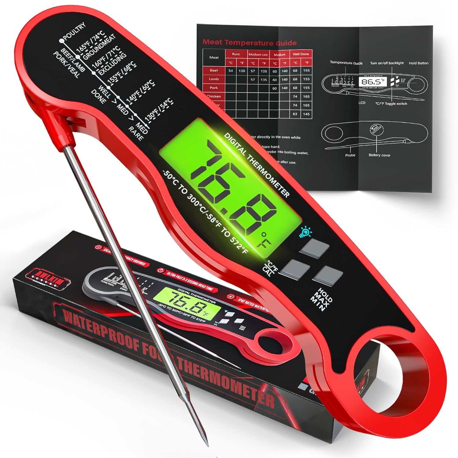 AWLKIM Digital Meat Thermometer, Instant Read