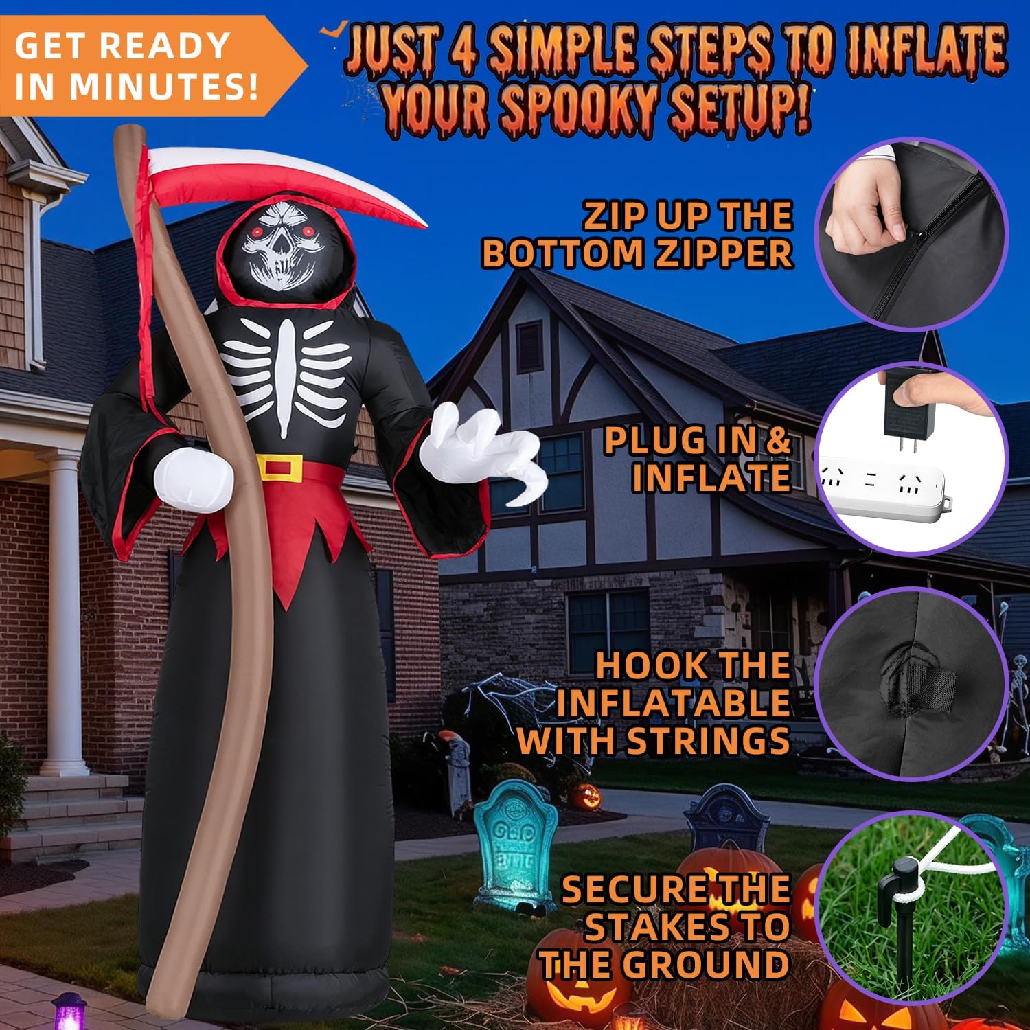 Detalle 2 de Kendane CA-117 8-Foot Inflatable Grim Reaper with Red LED Lights
