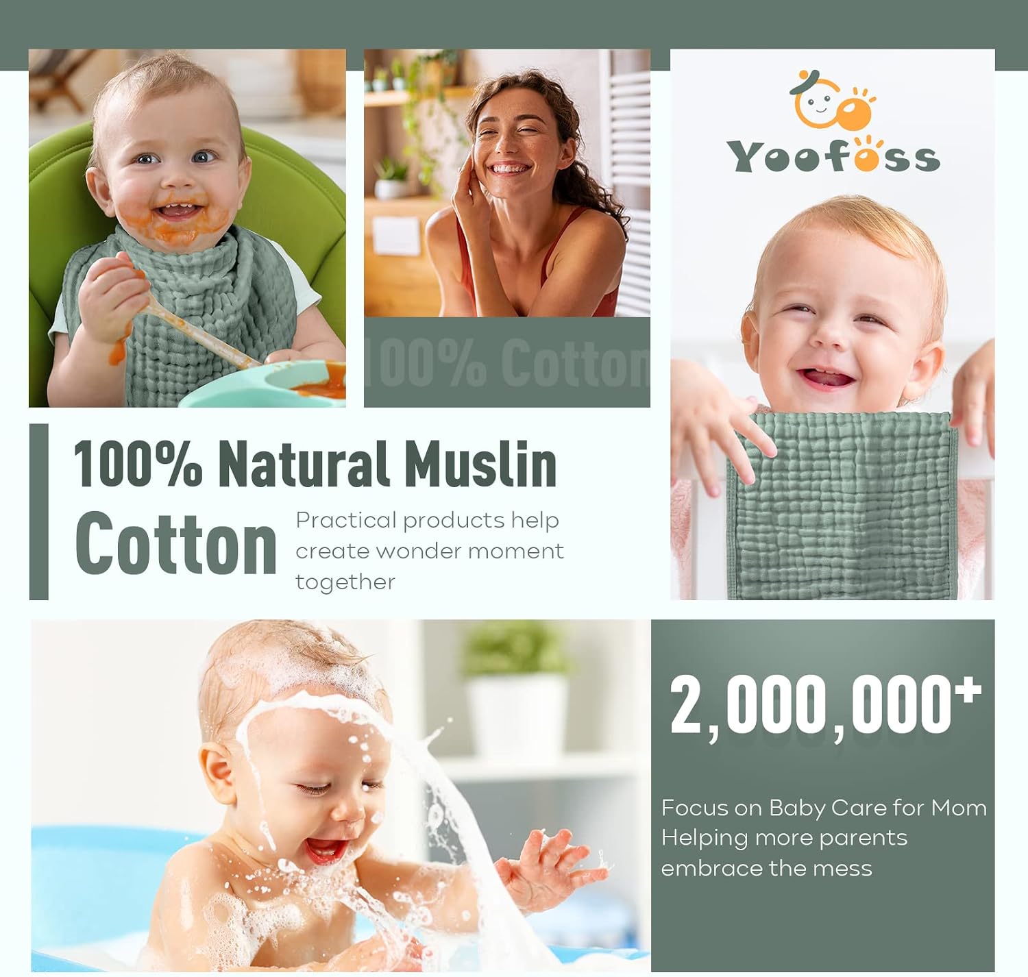 Detalle 2 de Yoofoss Baby Muslin Squares 10 Pack – 4-layer 100% cotton face cloths (Dark Green), 30x50cm