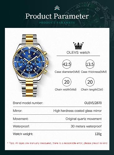 Thumbnail 6 de OLEVS Men’s Stainless Steel Chronograph Watch, Blue Dial, Two-Tone