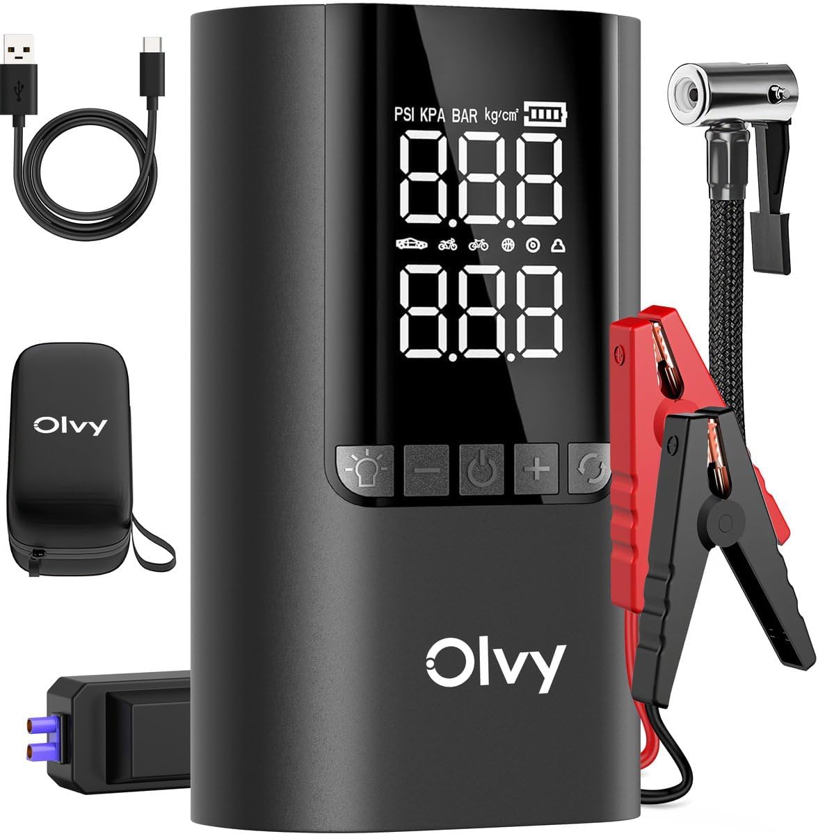 Detalle de Olvy 4-in-1 Tragbarer Starthilfe-Booster mit Luftkompressor – 1500 A Spitzenleistung, 12000 mAh Powerbank