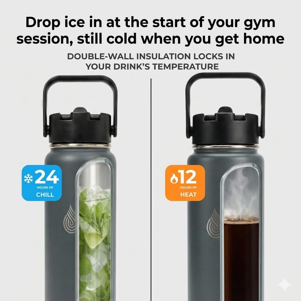 Detalle de Daydrate 750ml Insulated Stainless Steel Water Bottle with Dual Lid – Grey