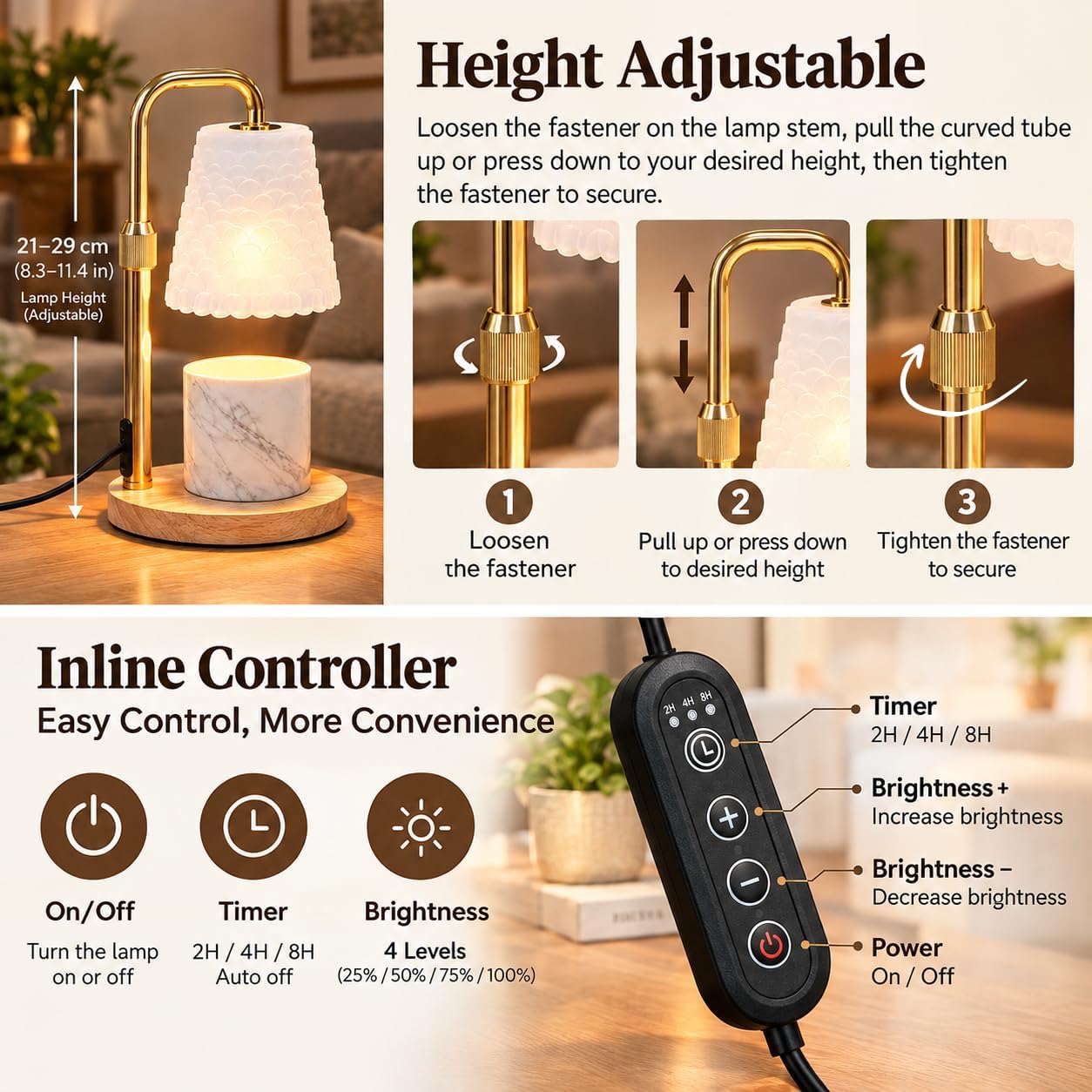 Detalle de JIMEI Candle Warmer Lamp with Timer, Golden Metal, Dimmable and Height Adjustable