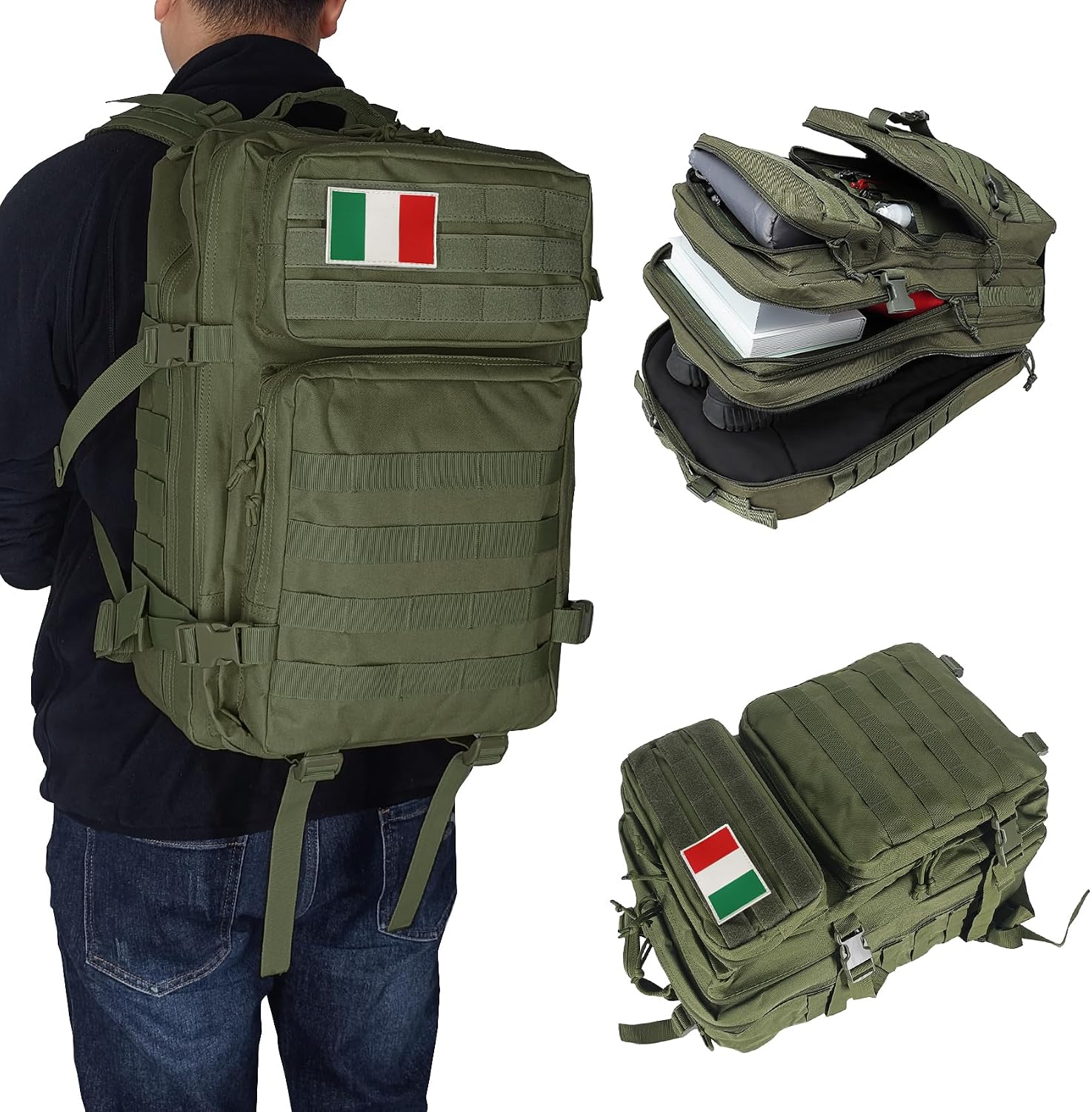 Detalle de Oreunik Zaino Militare 45L: zaino tattico impermeabile con sistema Molle per trekking e campeggio (Verde)