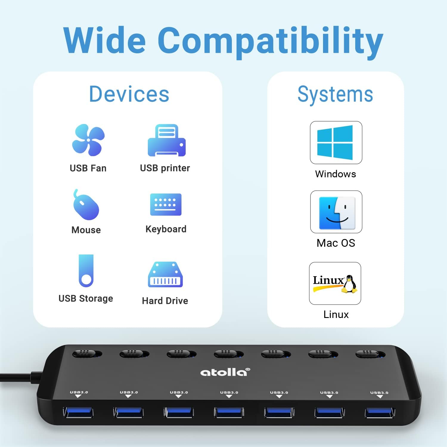 Thumbnail 2 de atolla 7 ports USB 3.0 Hub Splitter ultra fin avec interrupteurs individuels et extension 100 cm