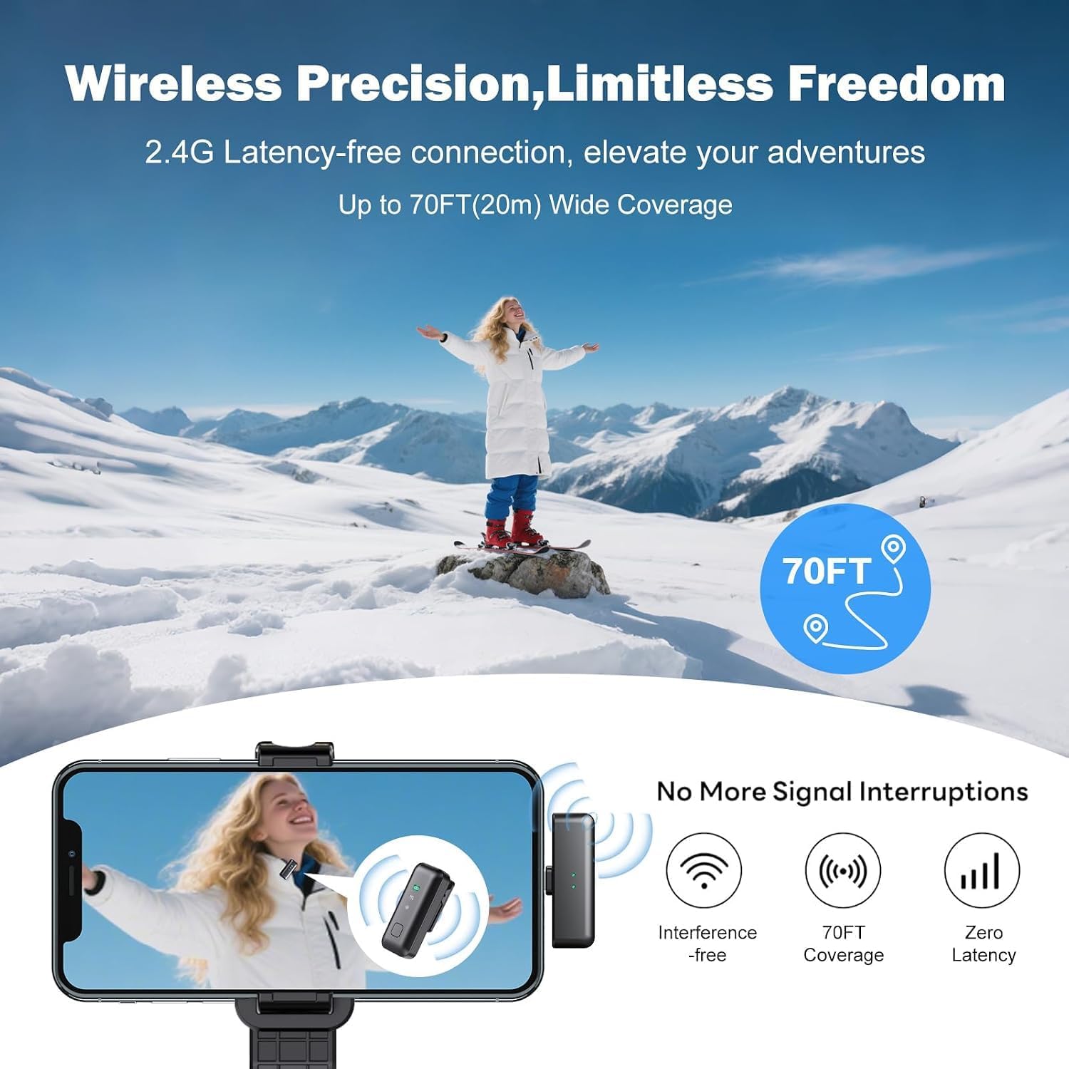 Detalle de voijump DT622 Wireless Lavalier Microphone with Lightning, USB-C and 70 ft Range