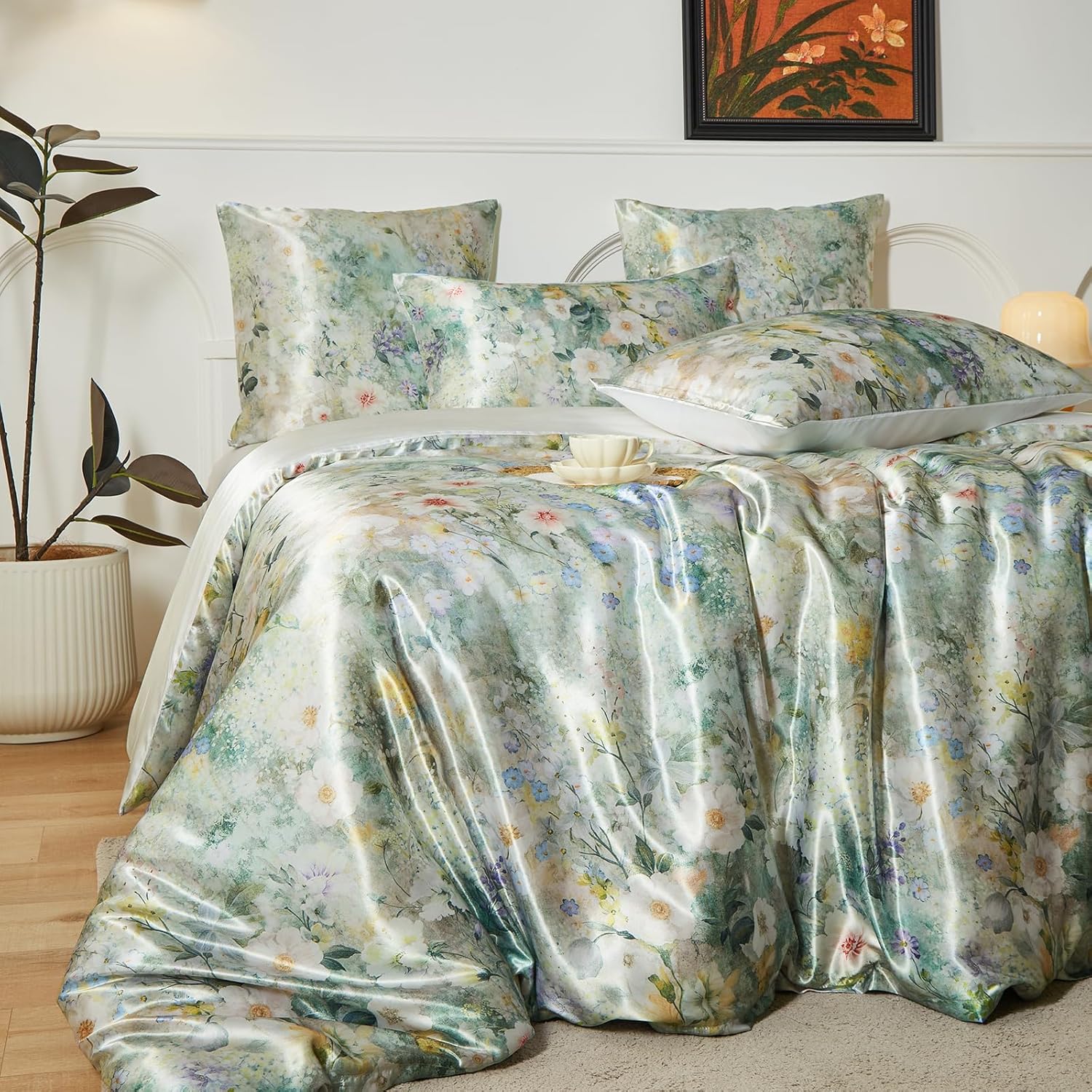 Thumbnail 2 de DuShow Green Floral Satin Duvet Cover Set, 3 Pieces (Double) – 200 x 200 cm