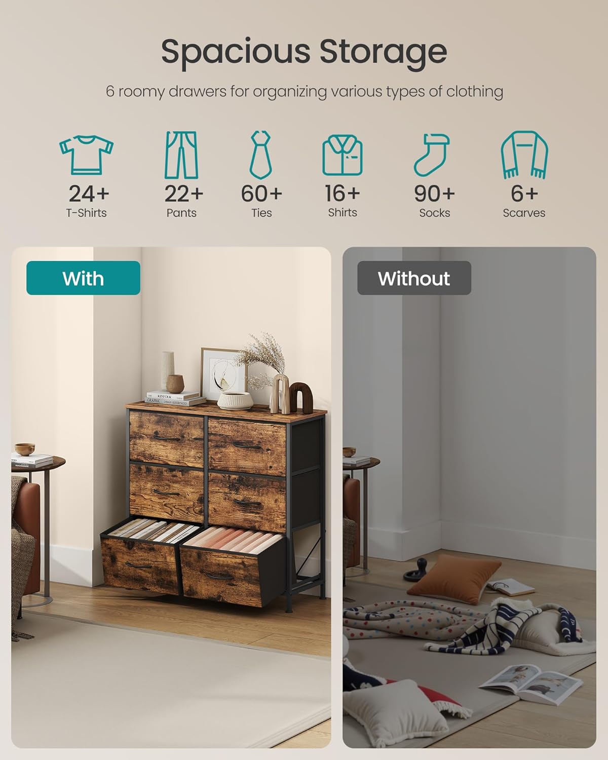 Detalle 2 de SONGMICS LGS123BH04 6-Drawer Chest, Rustic Brown and Ink Black