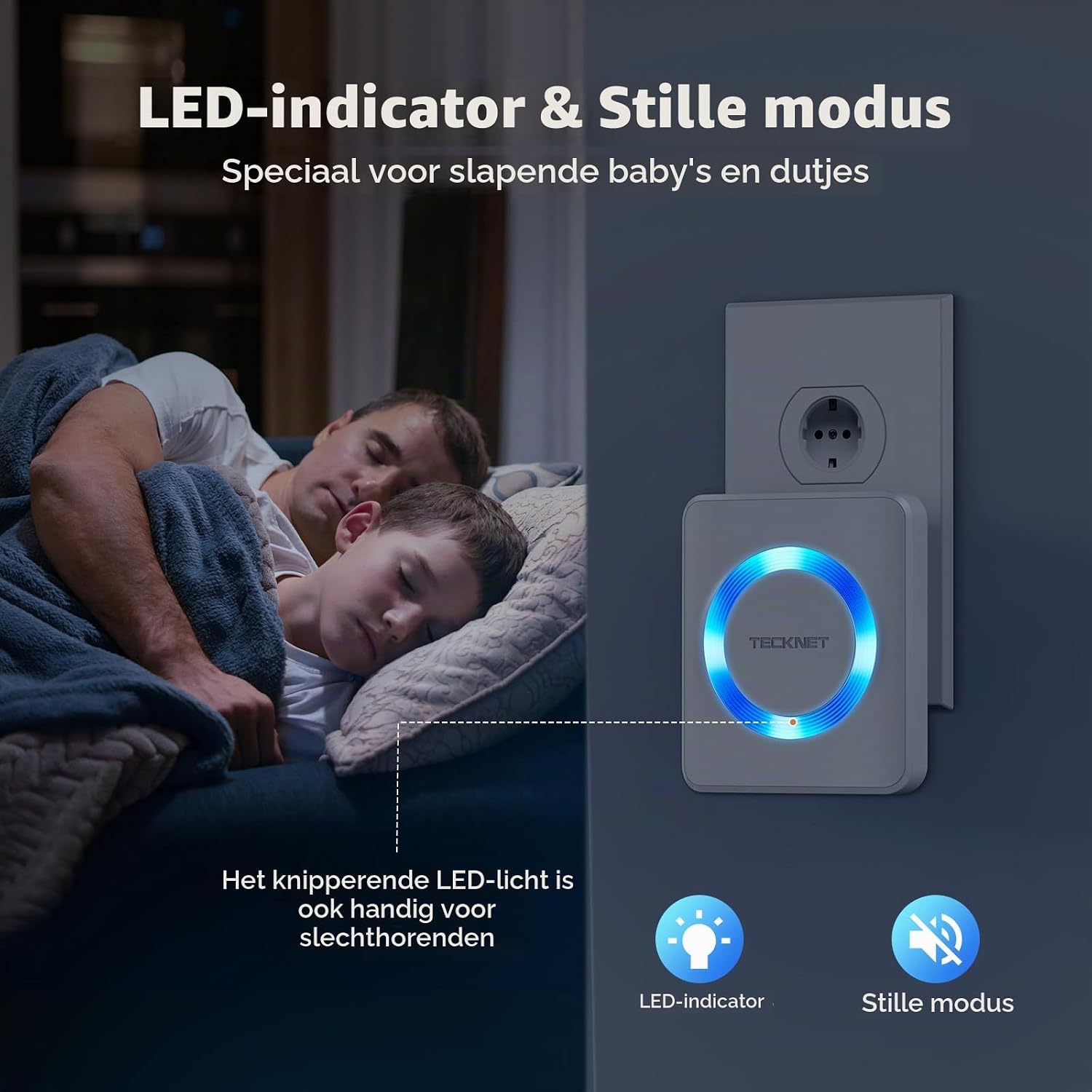 Detalle 1 de TECKNET HWD01878 draadloze deurbel met stekkerontvanger en blauwe led