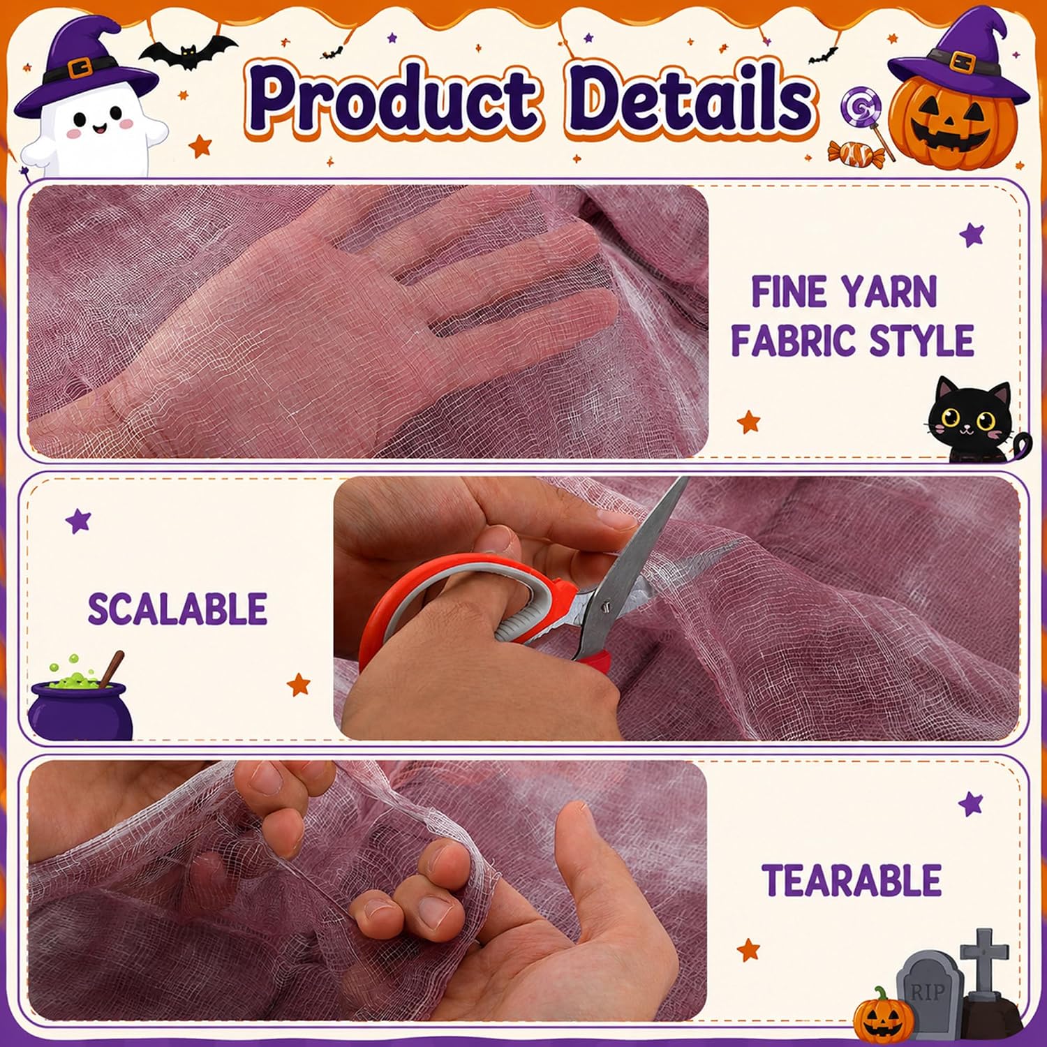 Detalle de RunNico RN-411Purple-Blood-Stain-1.8x5m Halloween Gauze, Purple Fine-Yarn Decor