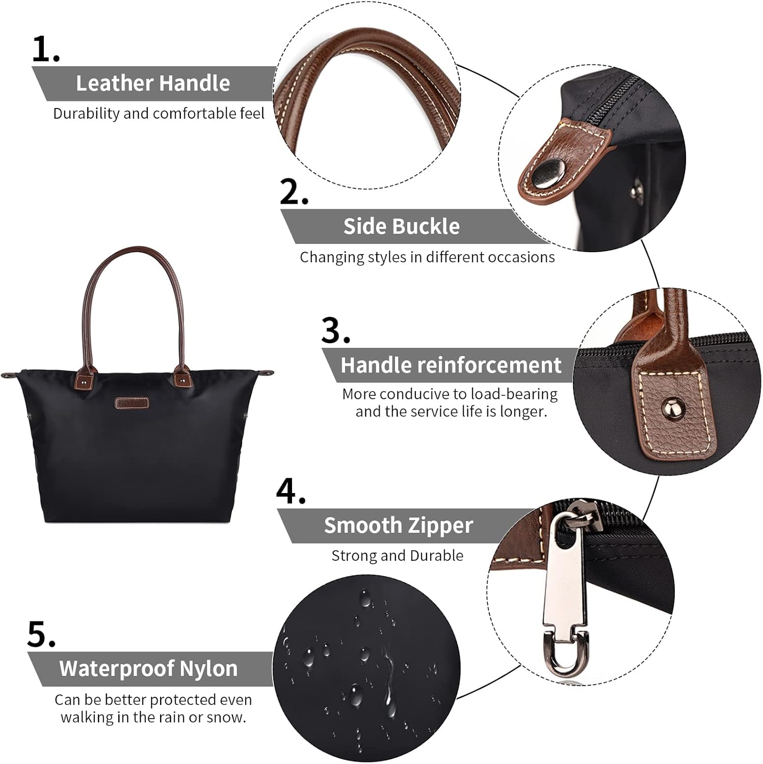 Detalle de NOTAG Foldable Tote Bag for Women – Waterproof Nylon Travel & Everyday Handbag