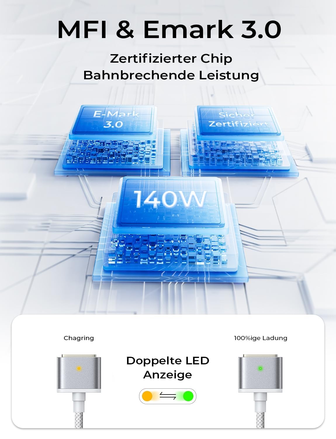 Thumbnail 3 de LISEN USB-C auf MagSafe 3 Kabel 2 m, 140W PD – Magnetisches Ladekabel für MacBook Pro/Air (M2/M3/M4/M5, 2022–2023) silbergrau