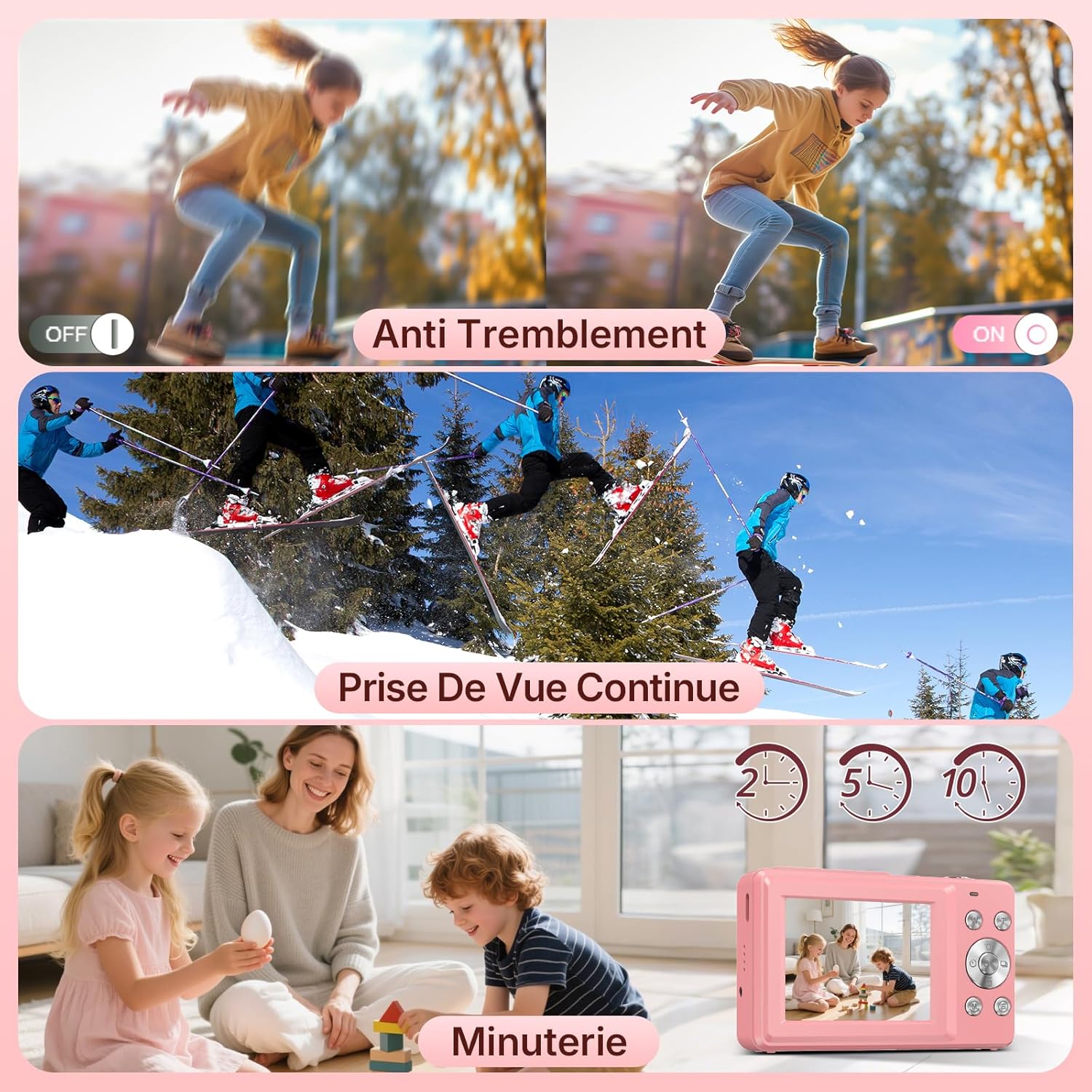 Thumbnail 5 de Appareil Photo Numérique compact rose 44 MP avec écran IPS 2,4”, zoom numérique 16X et anti-tremblement