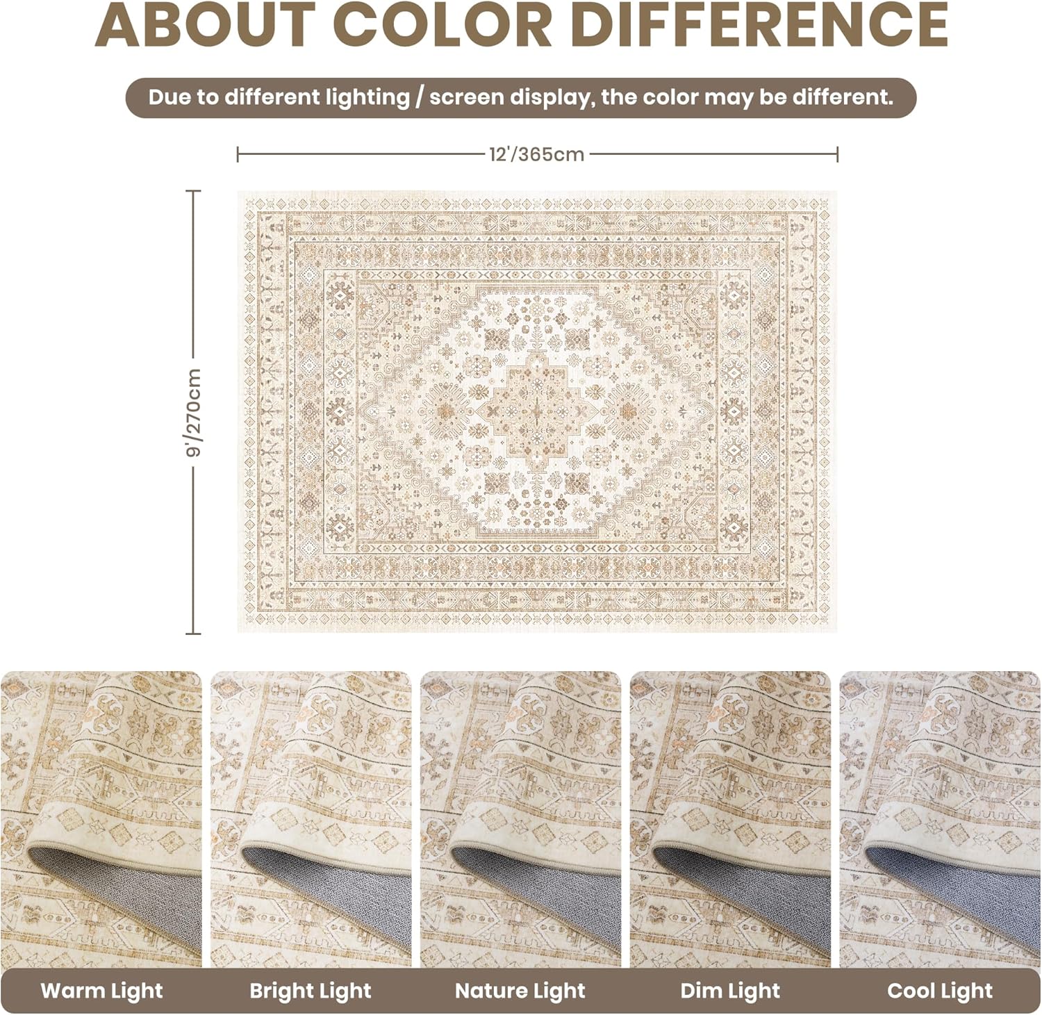Thumbnail 1 de Zesthome 9x12 Area Rug: Cream/Beige, Non-Slip Backing, Machine Washable & Ultra-Thin
