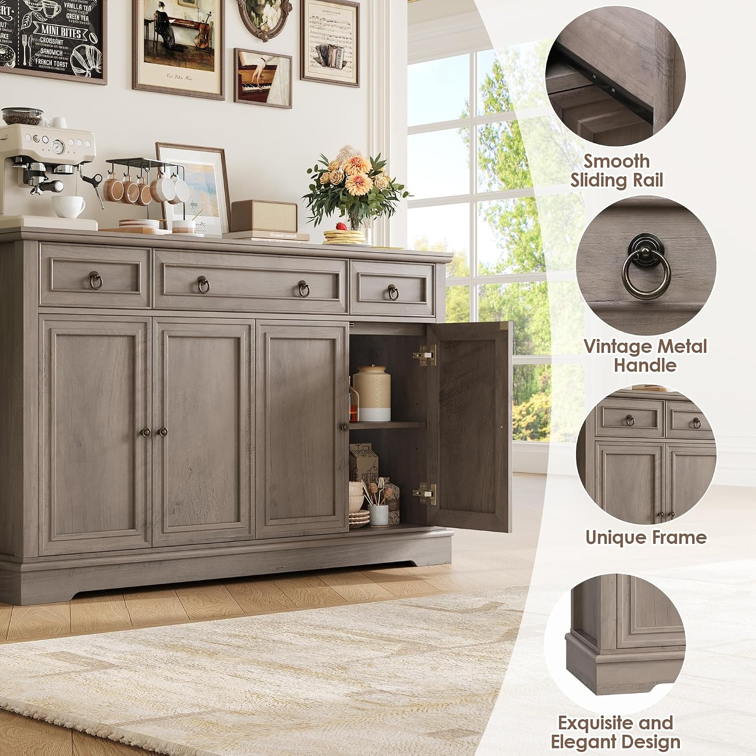 Thumbnail 6 de FirFurd P307 Ash Grey Sideboard, 3 Drawers, 4 Doors and Adjustable Shelf