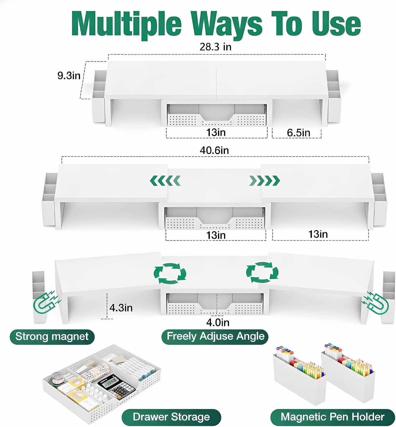 Thumbnail 1 de OPNICE Desk Organizer Monitor Stand with Drawer, 2 Pen Holders, White