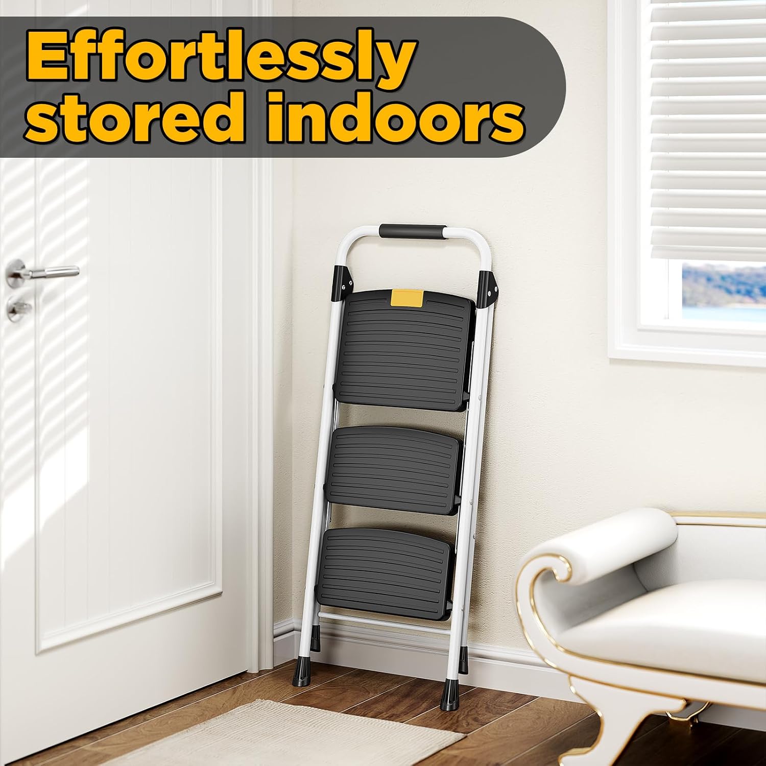 Thumbnail 6 de Urackify 3-Step Folding Steel Step Ladder with Safety Lock & Handrail