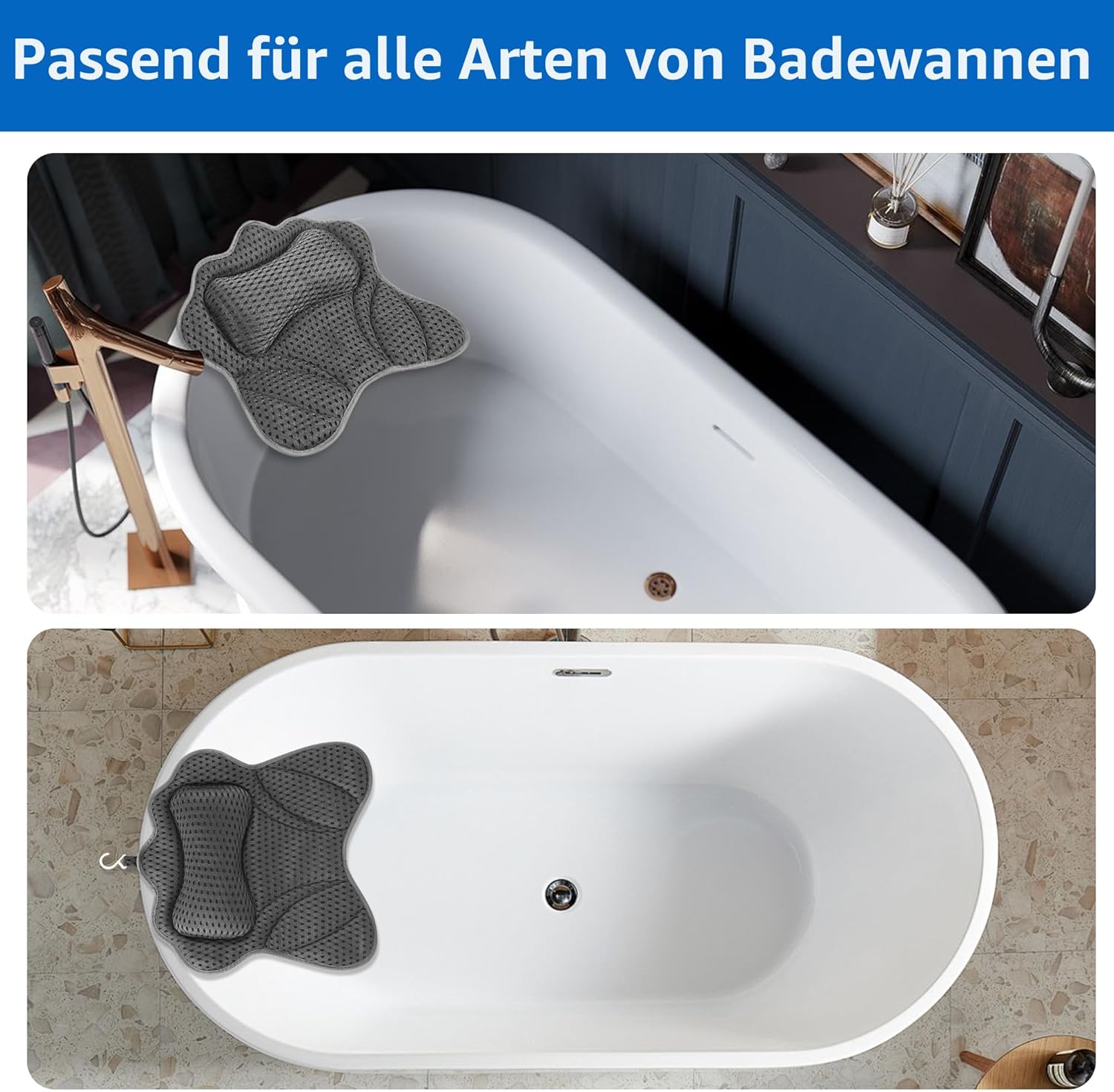 Thumbnail 4 de Badewannenkissen 4D Mesh mit 6 Saugnäpfen – Komfortables Badewannen-Kissen für Nacken, Schultern und Rücken (Grau)