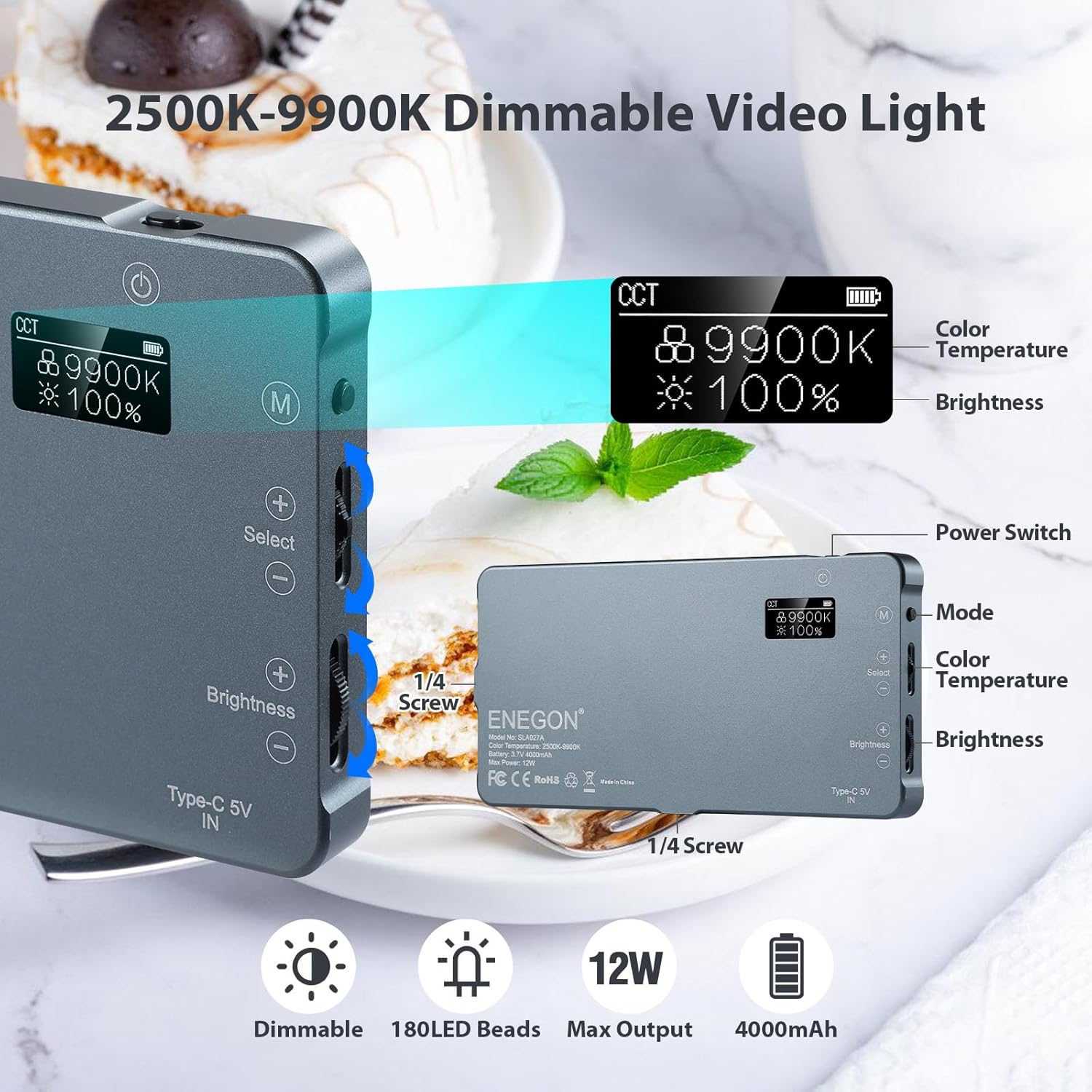Thumbnail 1 de ENEGON 4000mAh Luce Video LED 2500K-9900K Bicolore: illuminazione compatta e ricaricabile per foto e video