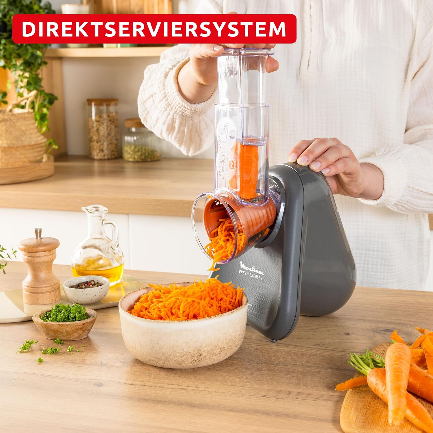 Thumbnail 4 de Moulinex Fresh Express Elektrische Gemüsereibe 5-in-1 (DK855HE0) – Direktserviersystem, Grau