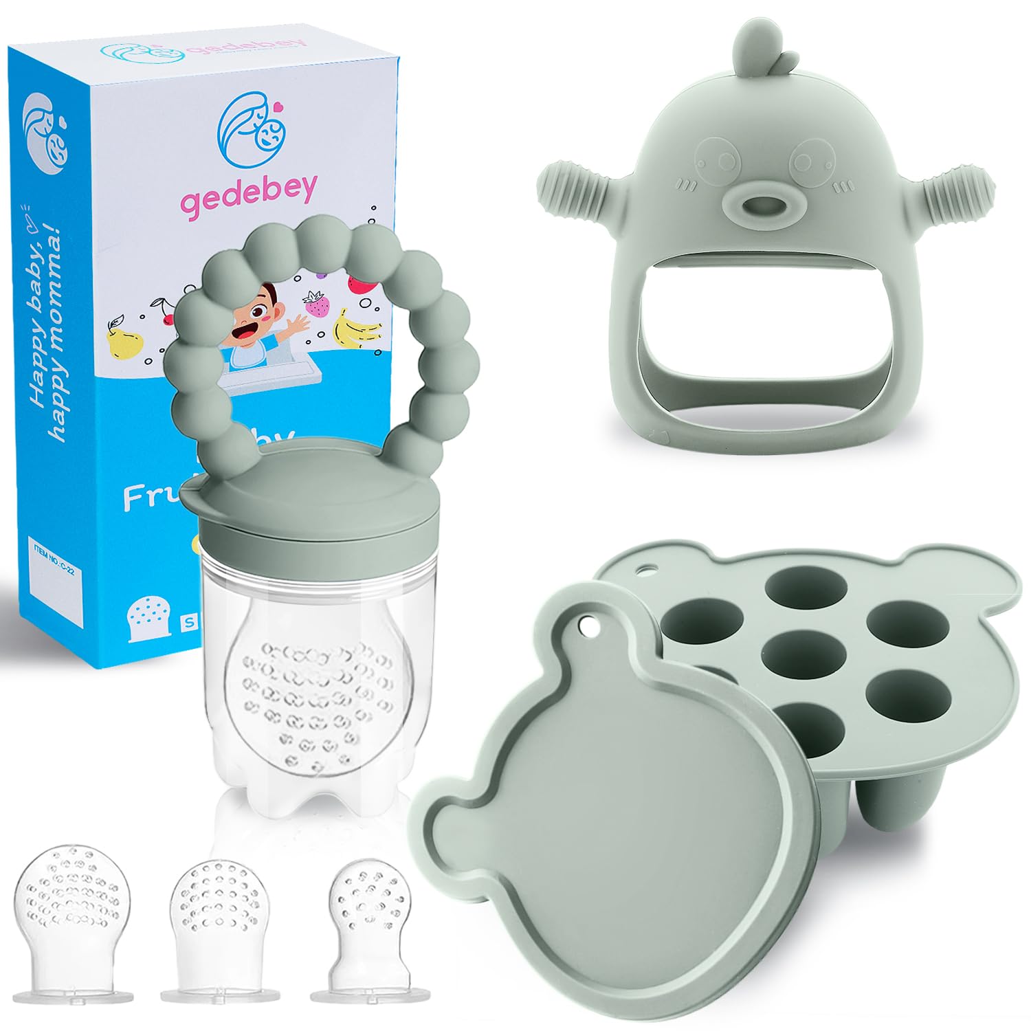 Gedebey 6-in-1 Baby Fruit Feeder Pacifier & Baby Food Feeder Set (Silicone Popsicle Mold + Teether, 3 Sizes)