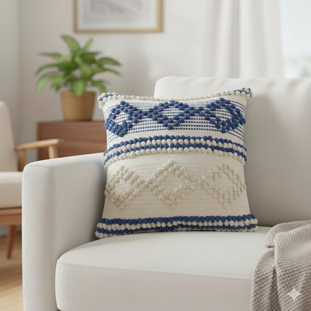 Thumbnail 6 de TreeWool Baumwoll-Kissenbezug im Boho-Stil (45 x 45 cm) – Königsblau & Naturcreme, 1 Stück, ohne Füllung