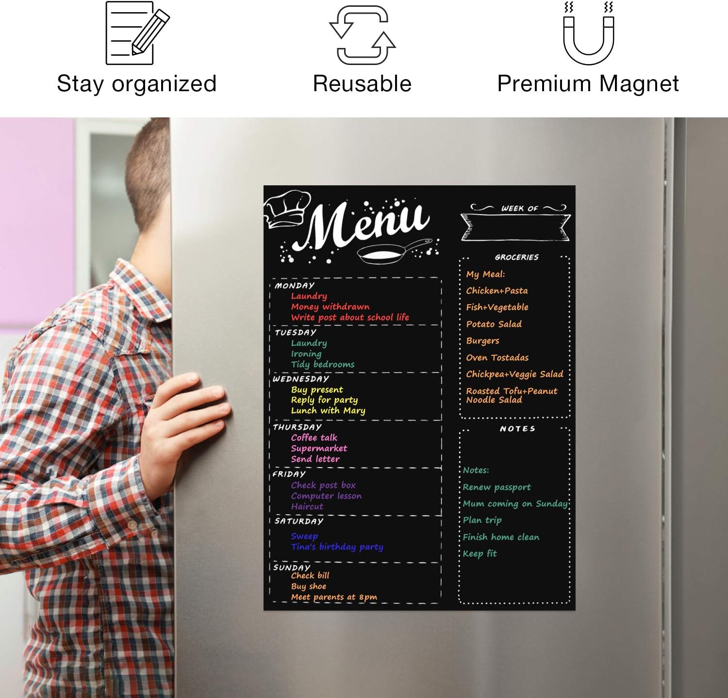 Detalle 2 de MoKo P6492 Magnetic Weekly Meal Planner, 16 × 12 in, Black, 8 Markers