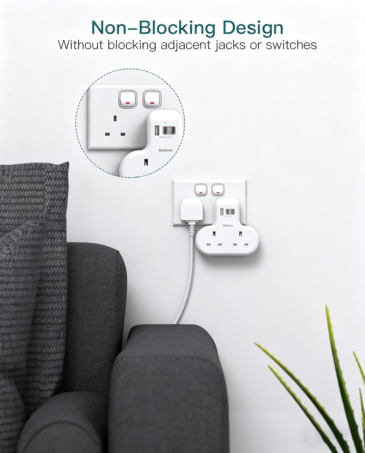Thumbnail 4 de [2 Pack] Addtam Double Plug Extension: 2-Way Multi Socket with 3 USB ports (2 USB-C) for UK sockets