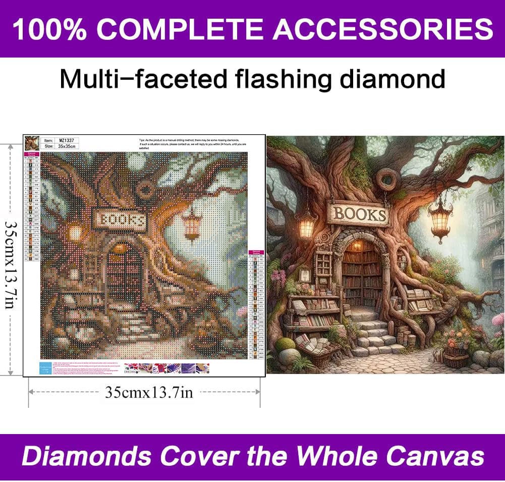 Detalle de Tree Book Diamond Art Kit for Adults, 35x35 cm Round Drill Canvas