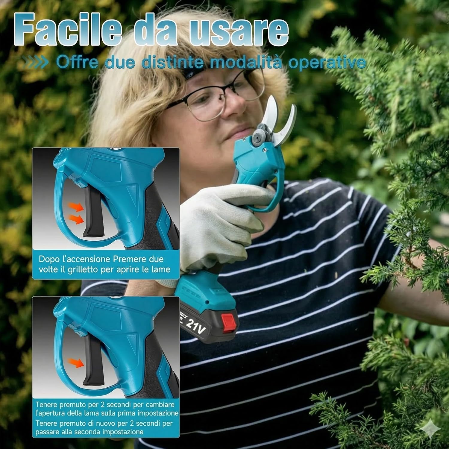 Detalle de Cesoie Elettriche Potatura Senza Fili con 2 Batterie 21V 2.0Ah e Lame SK5 – Taglio Ø40 mm