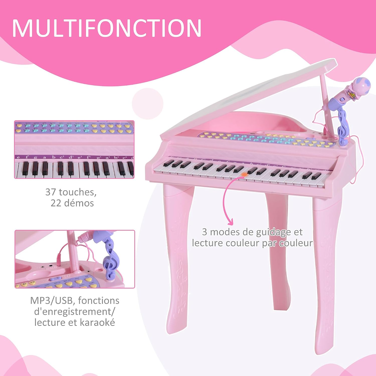 Thumbnail 3 de HOMCOM 390-003V01PK elektronische vleugelpiano voor kinderen, 37 toetsen