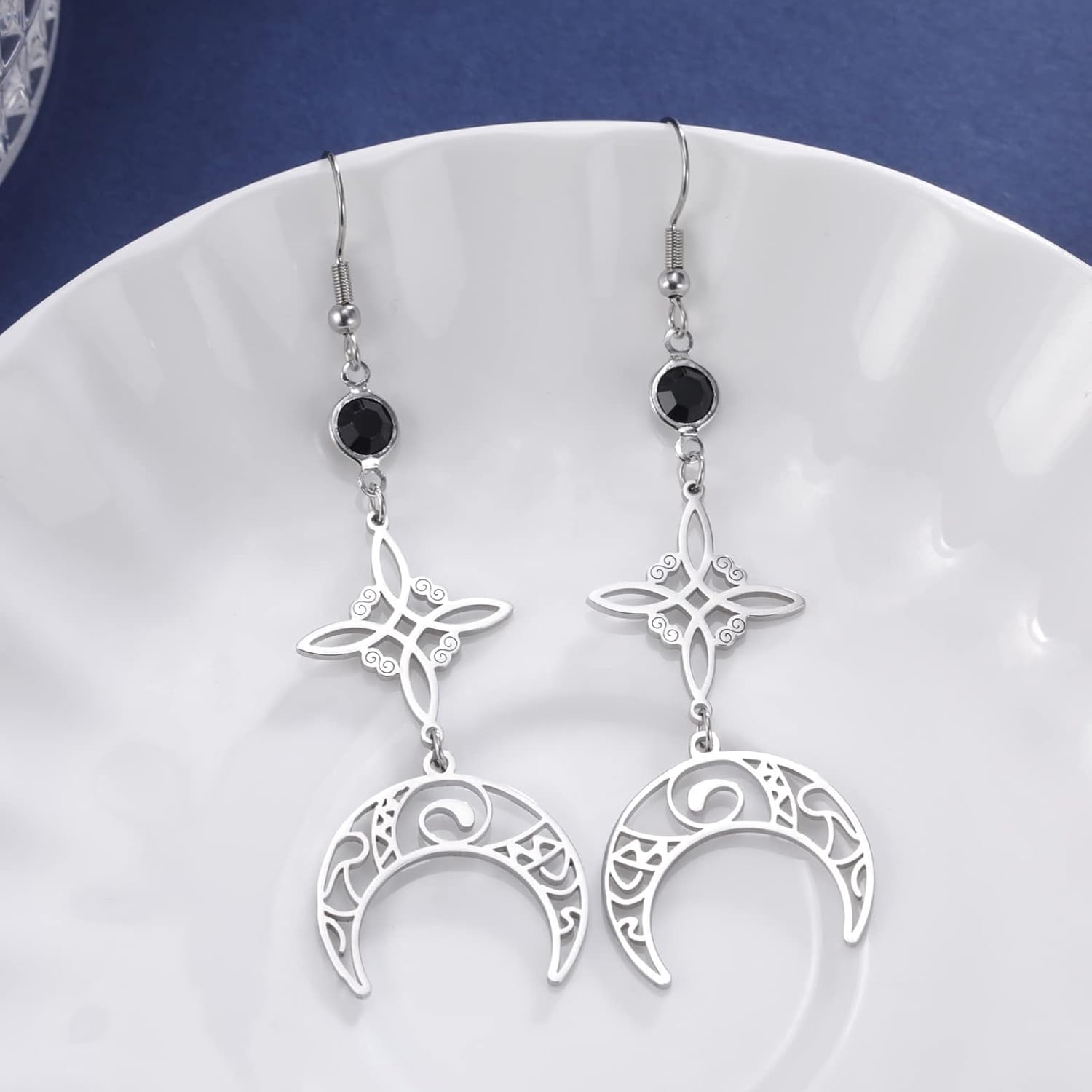 Detalle de Dreifach Mond Göttin Pentagramm Mondsichel Anhänger Ohrringe – Edelstahl Schmuck
