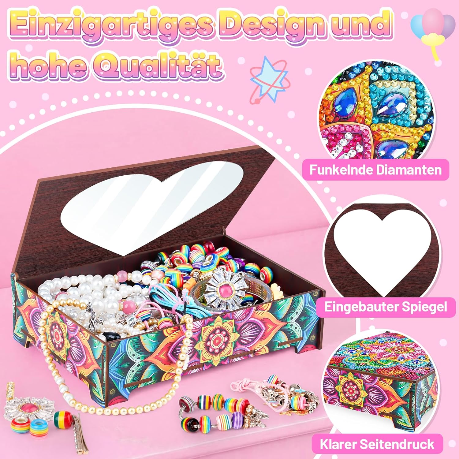 Thumbnail 3 de Flnlano Diamond Painting Schmuckkästchen Herz – Bastelset für Mädchen ab 6 Jahren