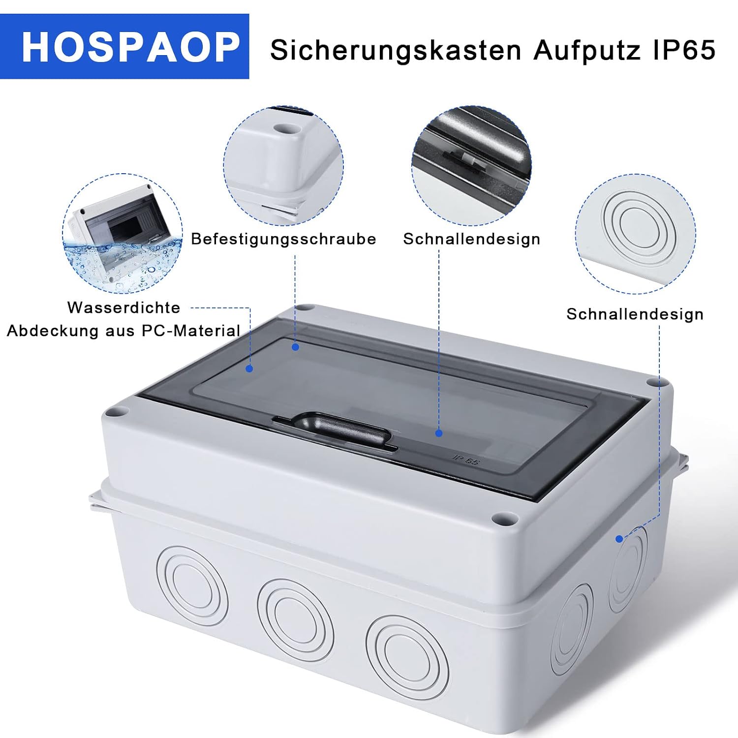 Detalle de HOSPAOP 701203829404 opbouwverdeler IP65, 8 modules en messing klemmen