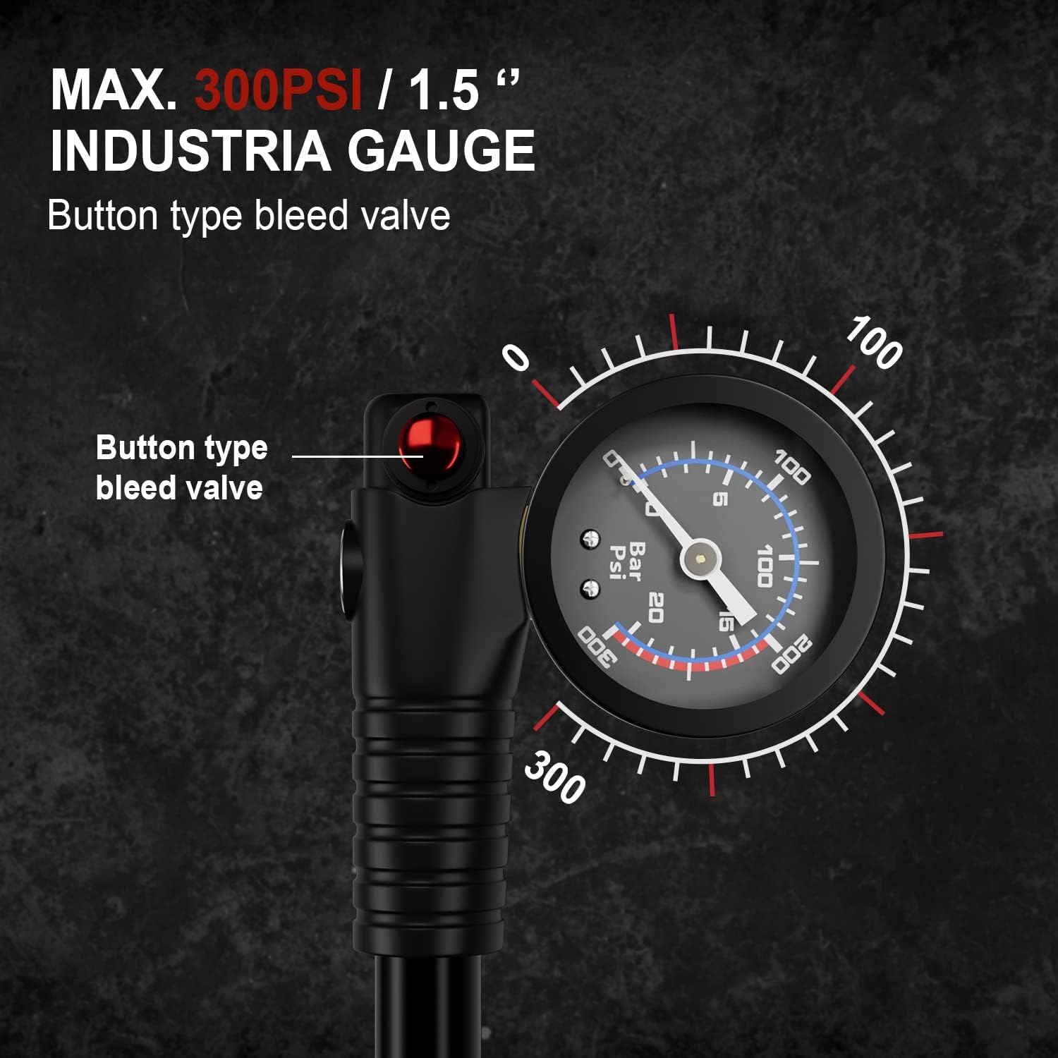 Detalle de Diyife Bike Shock Pump with Gauge — 300 PSI, Presta & Schrader, Portable Front Fork Pump