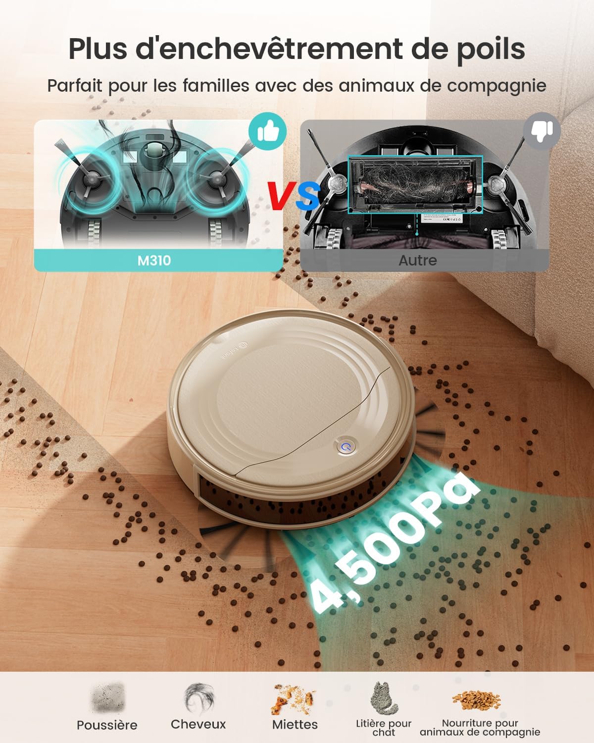 Detalle de Lefant M310 : aspirateur robot silencieux 4500 Pa, antienchevêtrement et évitement d’obstacles