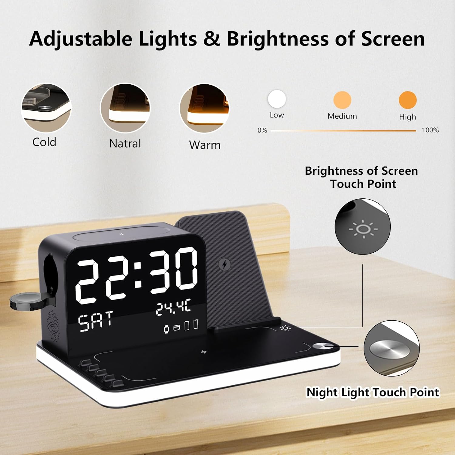 Detalle de Caricabatterie wireless 7 in 1 con orologio e luce notturna: ricarica rapida per iPhone, AirPods, Apple Watch e altro