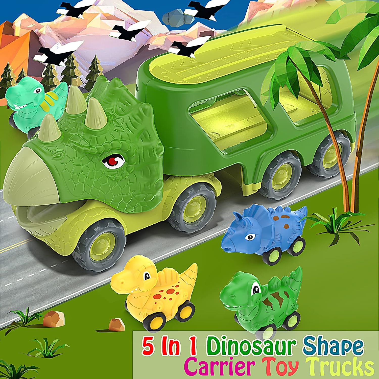 Detalle de Veslier XTC103 Dinosaur Truck Toy with 4 Pull-Back Cars, Lights and Sounds