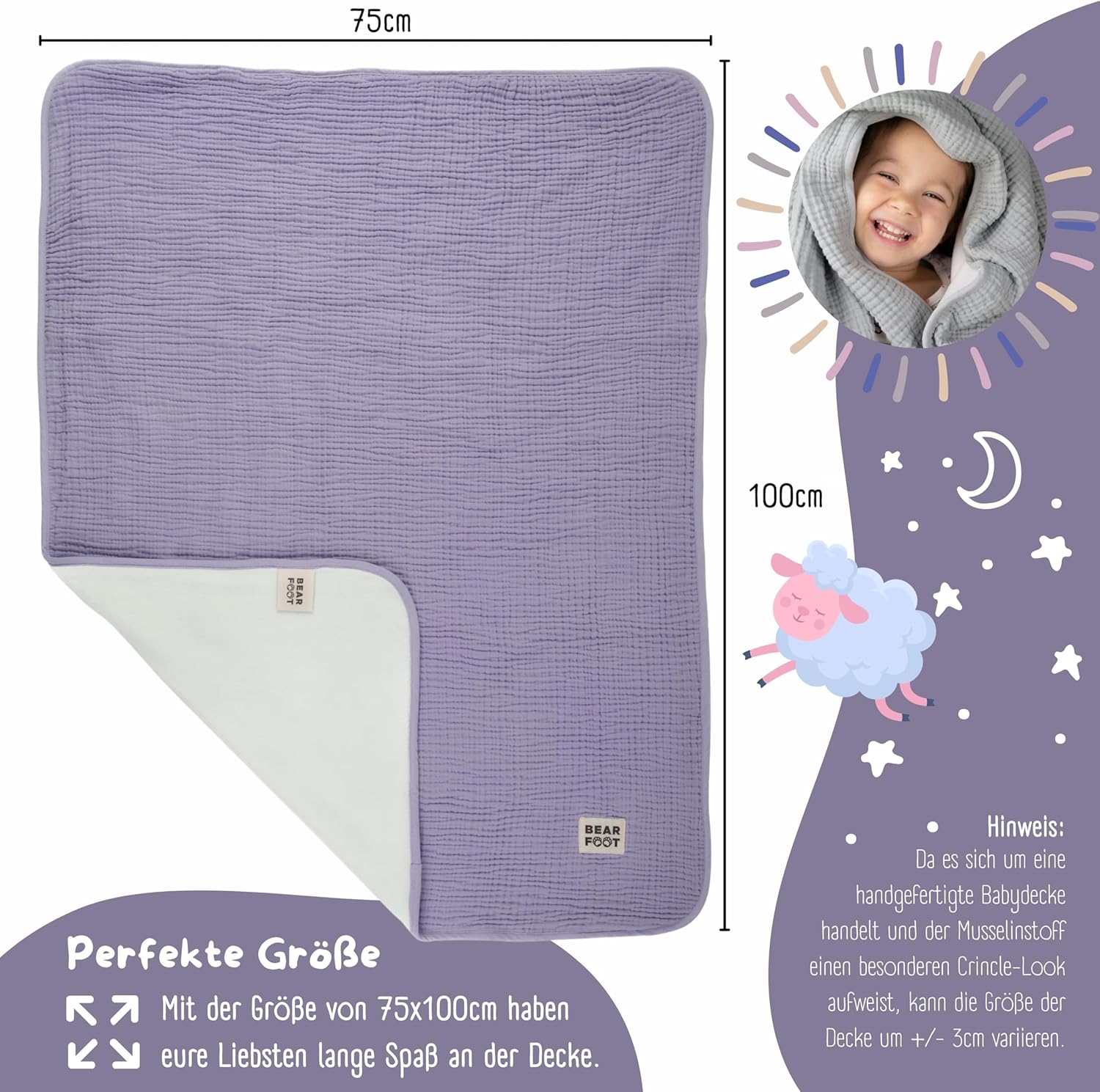 Thumbnail 1 de BEARFOOT Babydecke Musselin-Fleecedecke (Baumwolle & Fleece) in Lavendel – 2-seitig für Baby, Neugeborene und Kinder