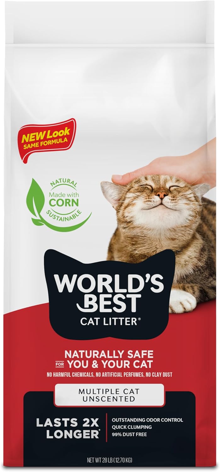 WORLD'S BEST CAT LITTER Multi‑Chats sans Parfum – Litière légère, 28 sacs, à base de maïs, 99% sans poussière et jetable dans les toilettes