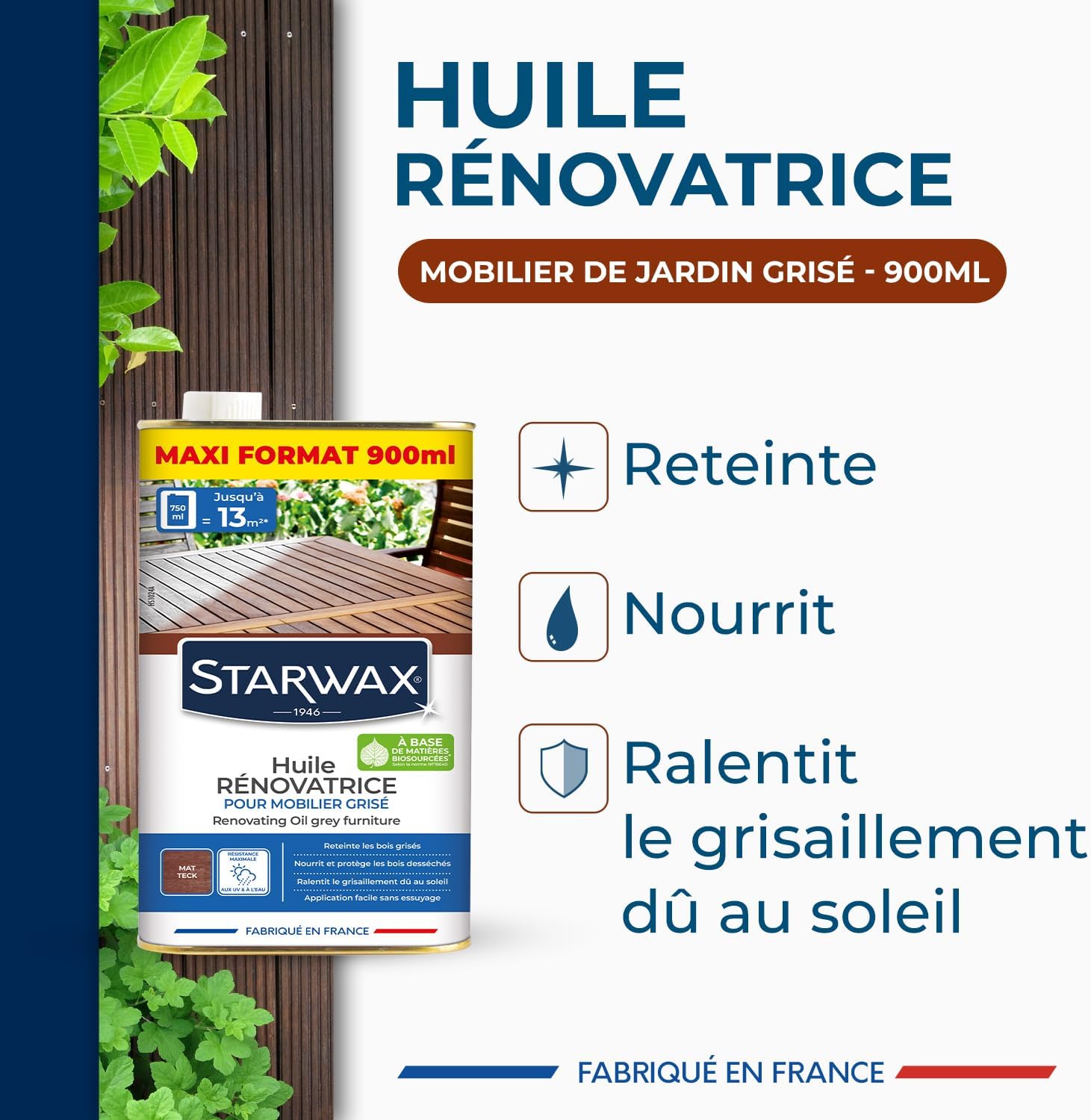 Detalle de STARWAX Huile rénovatrice pour mobilier de jardin en bois grisé – Reteinte, nourrissante et protectrice