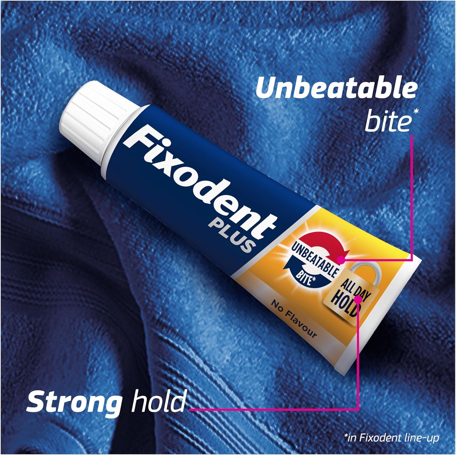 Detalle de Fixodent Plus Unbeatable Bite Denture Adhesive — Flavour Free 40g (Pack of 3)
