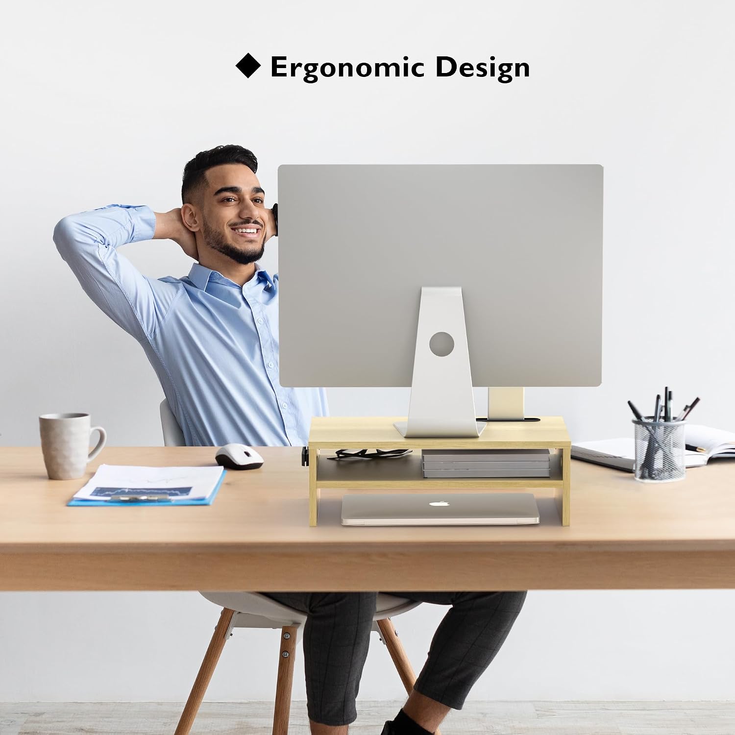 Thumbnail 4 de BONTEC Wood Monitor Stand Riser (2-Tier) – Desk Monitor Stand with Smartphone Holder, Oak
