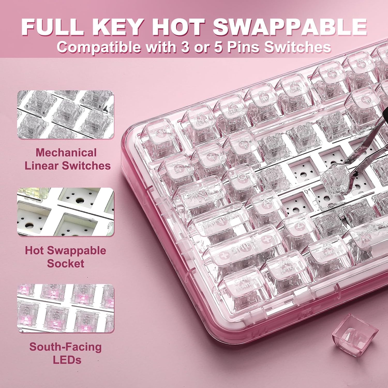 Thumbnail 4 de YUNZII X98 QMK/VIA Tri-Mode Tastatur (QMK/VIA, Hot-Swap, 2,4 GHz, Bluetooth, USB‑C, RGB „Pink/Crystal“)